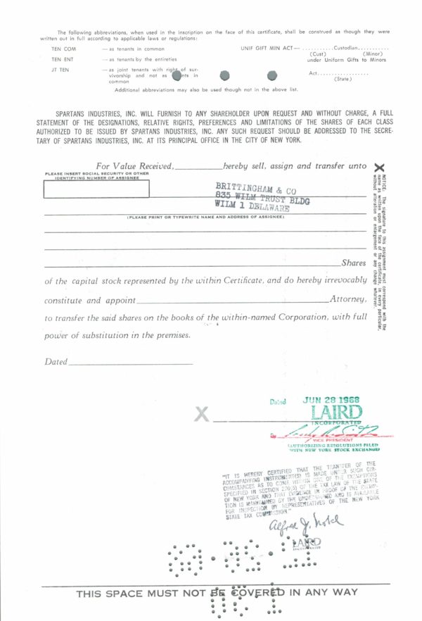 Spartans Industries Inc. Stock Certificate – Class A, 100 Shares, 1968 Spartans Industries Inc. Stock Certificate – Class A, 100 Shares, 1968