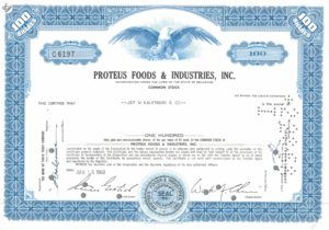 Proteus Foods & Industries Inc. Stock Certificate – 100 Shares, 1968 Proteus Foods & Industries Inc. Stock Certificate – 100 Shares, 1968