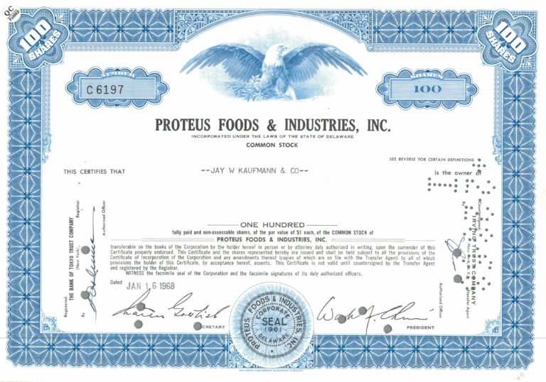 Proteus Foods & Industries Inc. Stock Certificate – 100 Shares, 1968