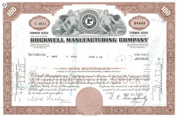 Rockwell Manufacturing Company Stock Certificate – 100 Shares, 1970 Rockwell Manufacturing Company Stock Certificate – 100 Shares, 1970