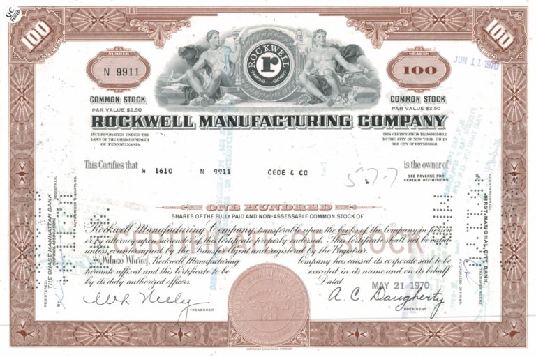 Rockwell Manufacturing Company Stock Certificate – 100 Shares, 1970