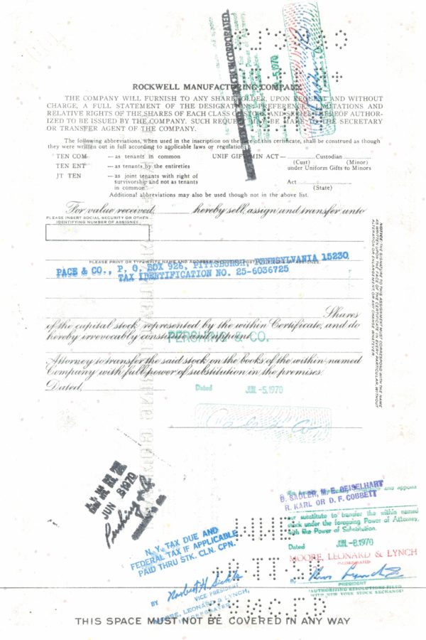 Rockwell Manufacturing Company Stock Certificate – 100 Shares, 1970 Rockwell Manufacturing Company Stock Certificate – 100 Shares, 1970