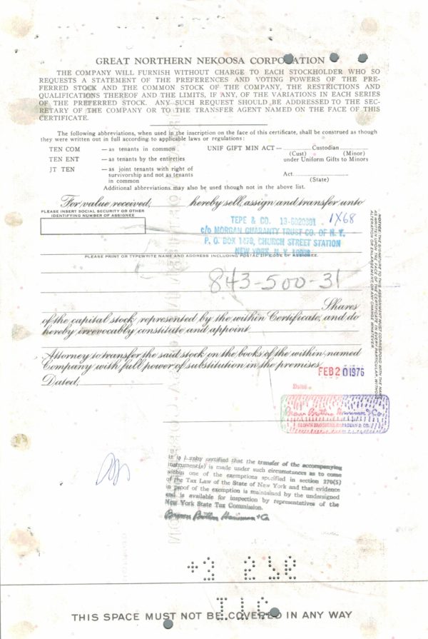 Great Northern Nekoosa Corporation Share Certificate 1976