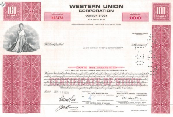 Western Union Corporation Share Certificate 1970