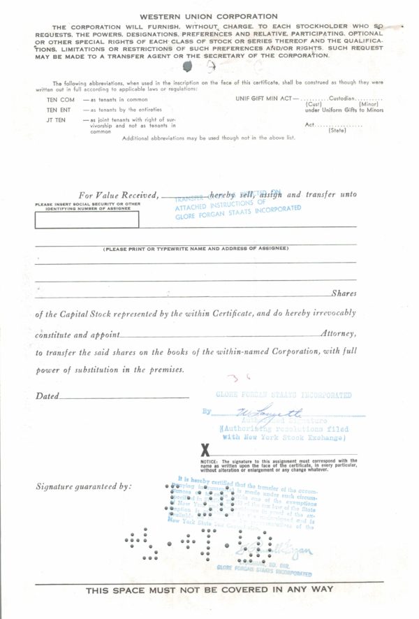 Western Union Corporation Share Certificate 1970