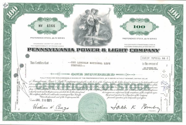 Pennsylvania Power & Light Company Share Certificate 1971