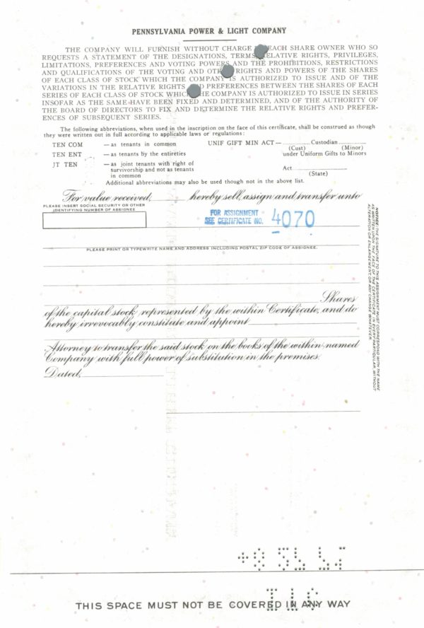 Pennsylvania Power & Light Company Share Certificate 1971