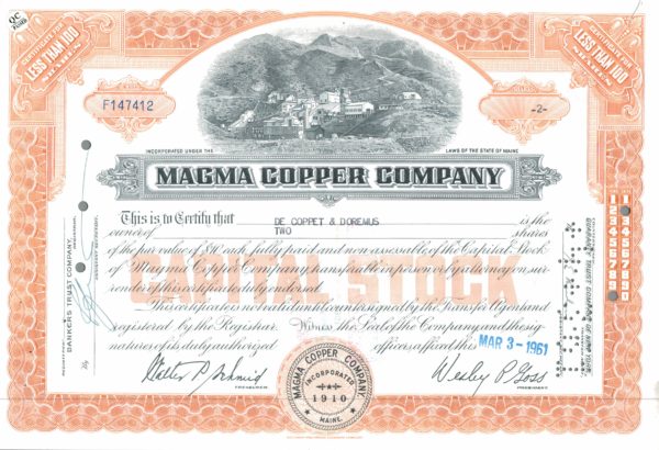 Magma Copper Company Share Certificate 1961