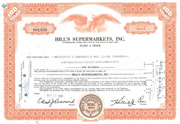 Hill’s Supermarkets Inc Share Certificate 1960