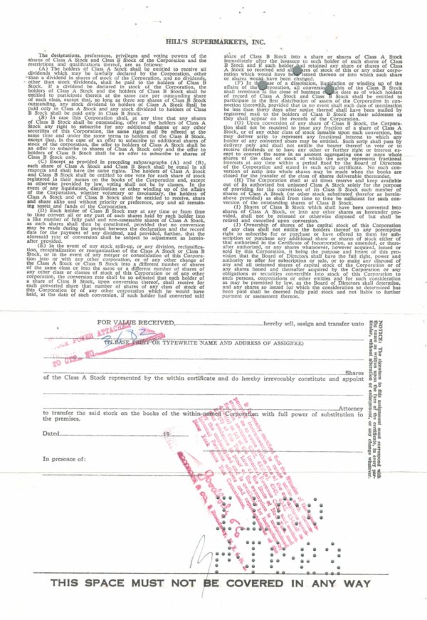 Hill’s Supermarkets Inc Share Certificate 1960