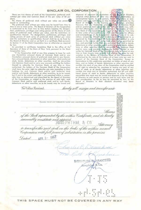 Sinclair Oil Corporation Share Certificate 1959