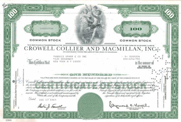 Crowell Collier and Macmillan Inc Share Certificate 1969
