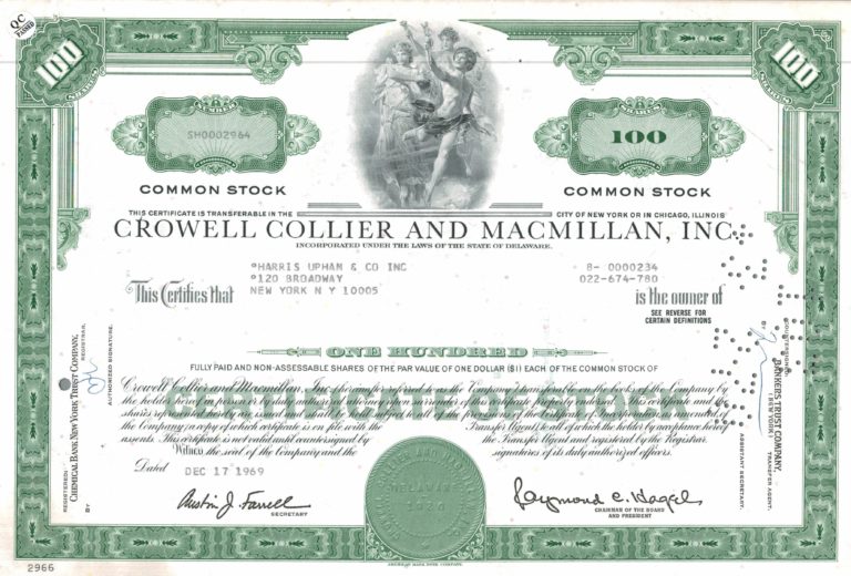 Crowell Collier and Macmillan Inc Share Certificate 1969