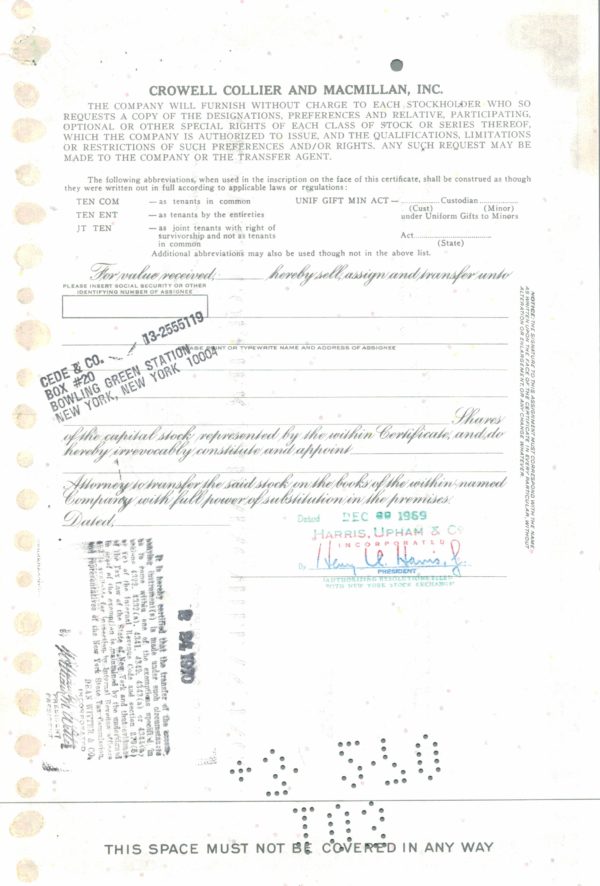 Crowell Collier and Macmillan Inc Share Certificate 1969