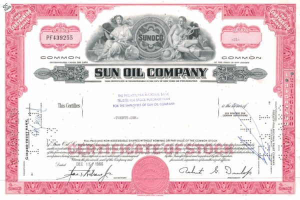 Sun Oil Company Share Certificate, 1966 — 21 Shares Sun Oil Company Share Certificate, 1966 — 21 Shares
