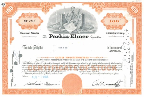 Perkin-Elmer Corporation Share Certificate 1968 – 100 Shares Perkin-Elmer Corporation Share Certificate 1968 – 100 Shares