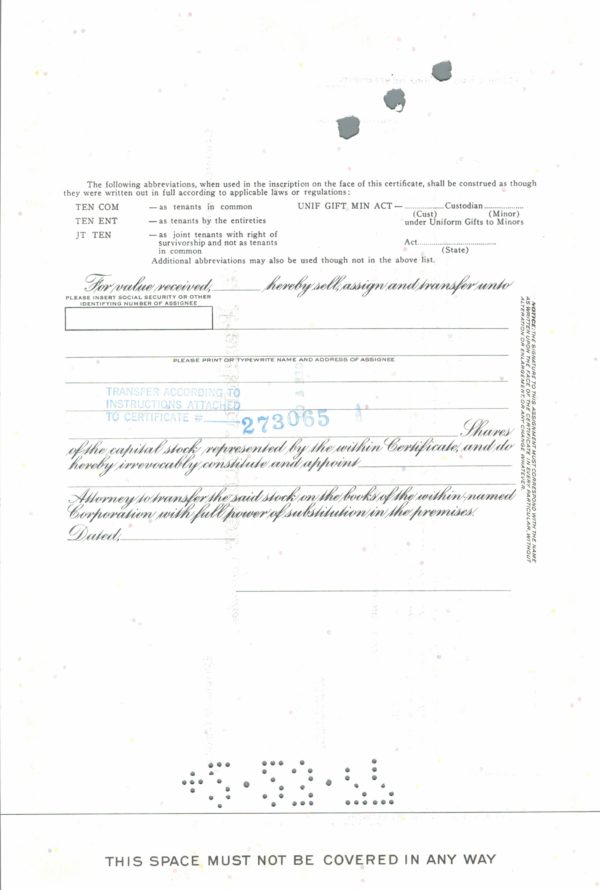 Perkin-Elmer Corporation Share Certificate 1968 – 100 Shares Perkin-Elmer Corporation Share Certificate 1968 – 100 Shares