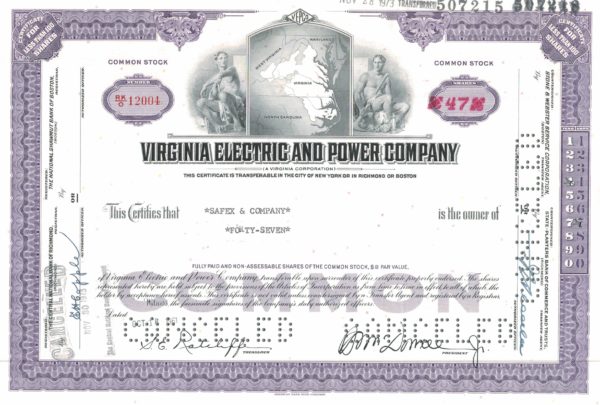 Virginia Electric and Power Company Share Certificate, 1973 Virginia Electric and Power Company Share Certificate, 1973