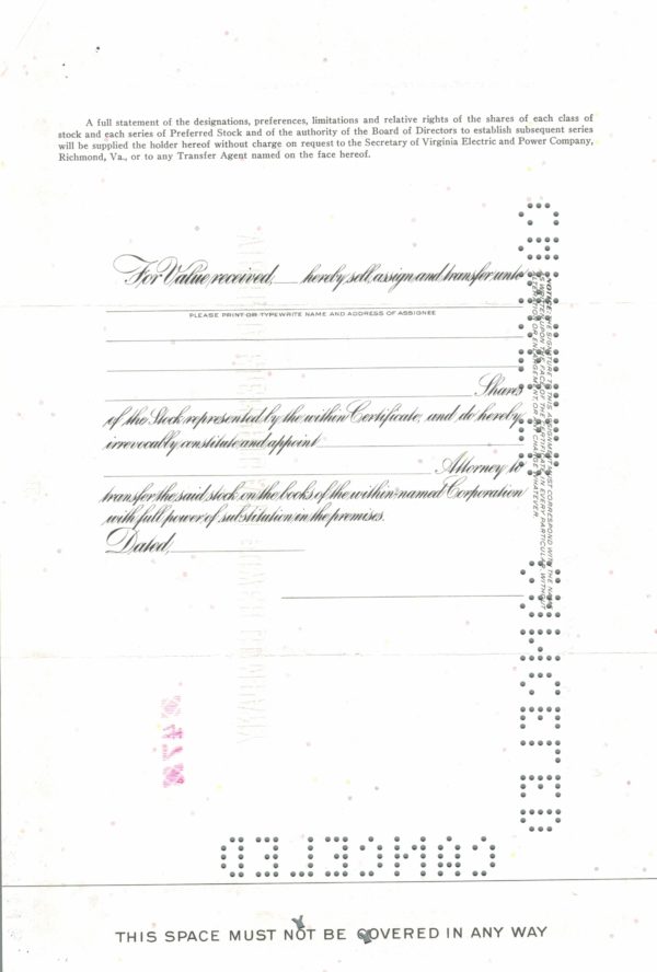 Virginia Electric and Power Company Share Certificate, 1973 Virginia Electric and Power Company Share Certificate, 1973