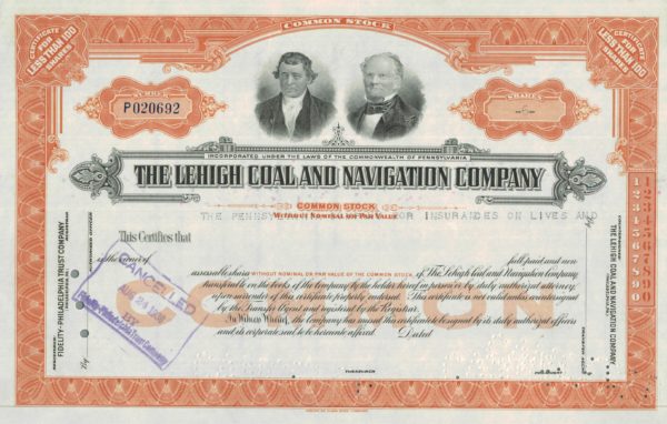 Lehigh Coal and Navigation Company Common Stock Certificate, 1938 Lehigh Coal and Navigation Company Common Stock Certificate, 1938