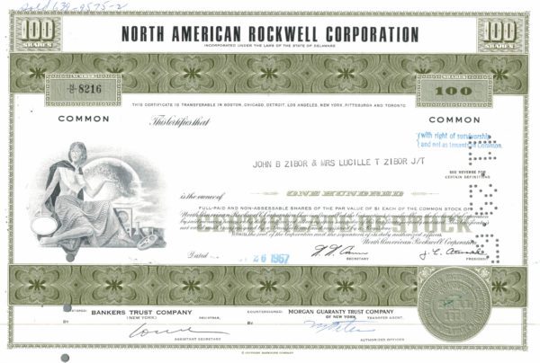 North American Rockwell Corporation Common Stock Certificate, 1967 North American Rockwell Corporation Common Stock Certificate, 1967