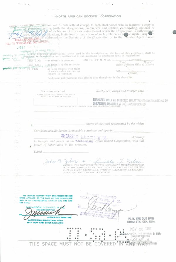 North American Rockwell Corporation Common Stock Certificate, 1967 North American Rockwell Corporation Common Stock Certificate, 1967