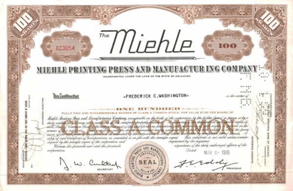 Miehle Printing Press and Manufacturing Company Class A Share Certificate, 1956 Miehle Printing Press and Manufacturing Company Class A Share Certificate, 1956