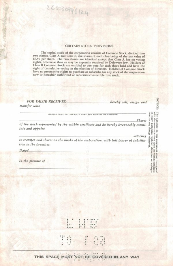 Miehle Printing Press and Manufacturing Company Class A Share Certificate, 1956 Miehle Printing Press and Manufacturing Company Class A Share Certificate, 1956