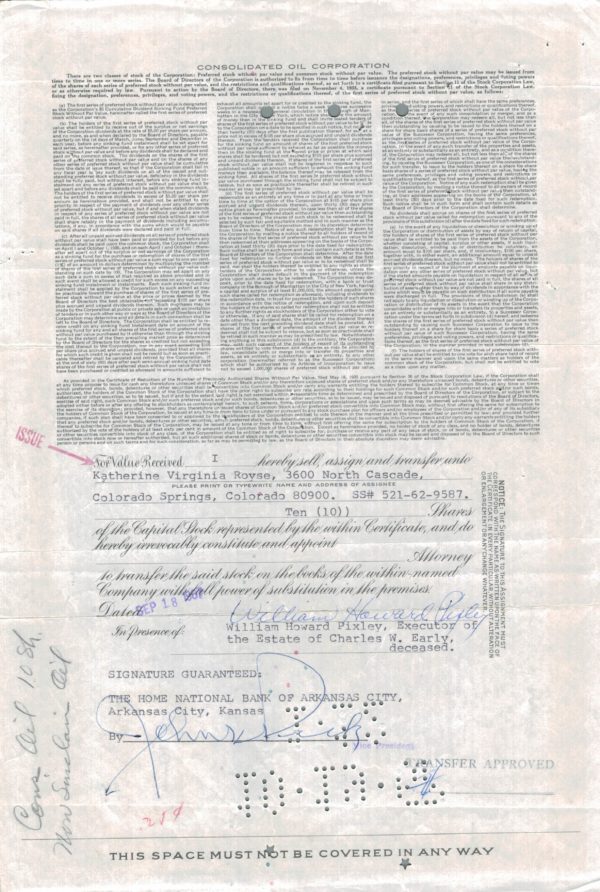 Consolidated Oil Corporation Share Certificate, 1937 Consolidated Oil Corporation Share Certificate, 1937