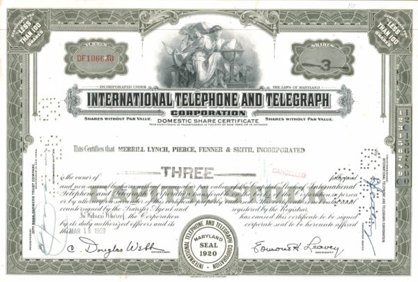International Telephone and Telegraph Corporation Share Certificate, 1959 International Telephone and Telegraph Corporation Share Certificate, 1959