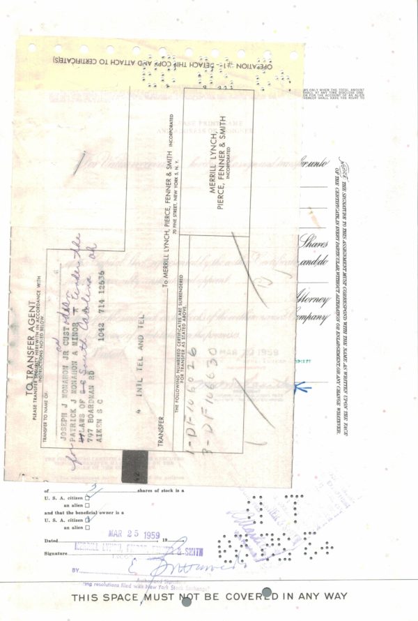 International Telephone and Telegraph Corporation Share Certificate, 1959 International Telephone and Telegraph Corporation Share Certificate, 1959