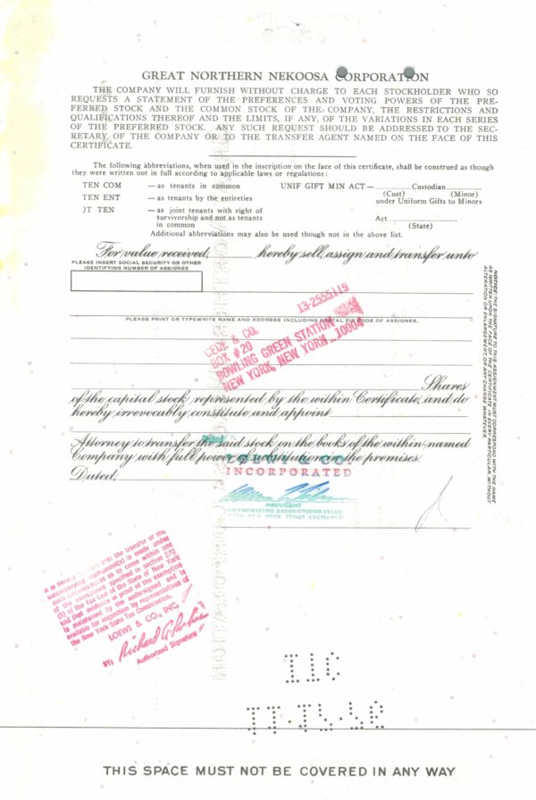 Great Northern Nekoosa Corporation Share Certificate, 1976 Great Northern Nekoosa Corporation Share Certificate, 1976