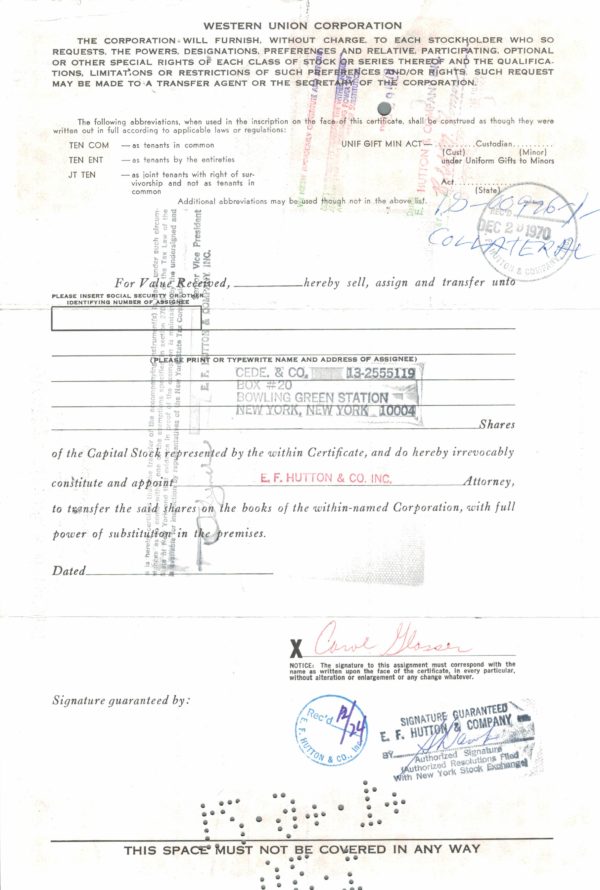 Western Union Corporation Share Certificate, 1970 Western Union Corporation Share Certificate, 1970