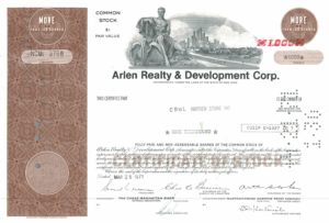 Arlen Realty & Development Corp Share Certificate 1971 – 1000 Shares