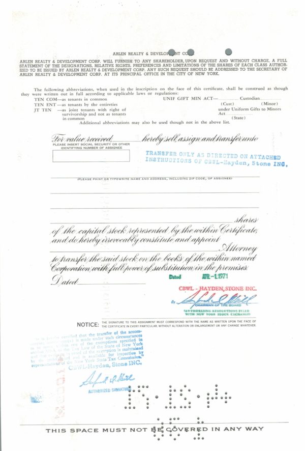 Arlen Realty & Development Corp Share Certificate 1971 – 1000 Shares Arlen Realty & Development Corp Share Certificate 1971 – 1000 Shares