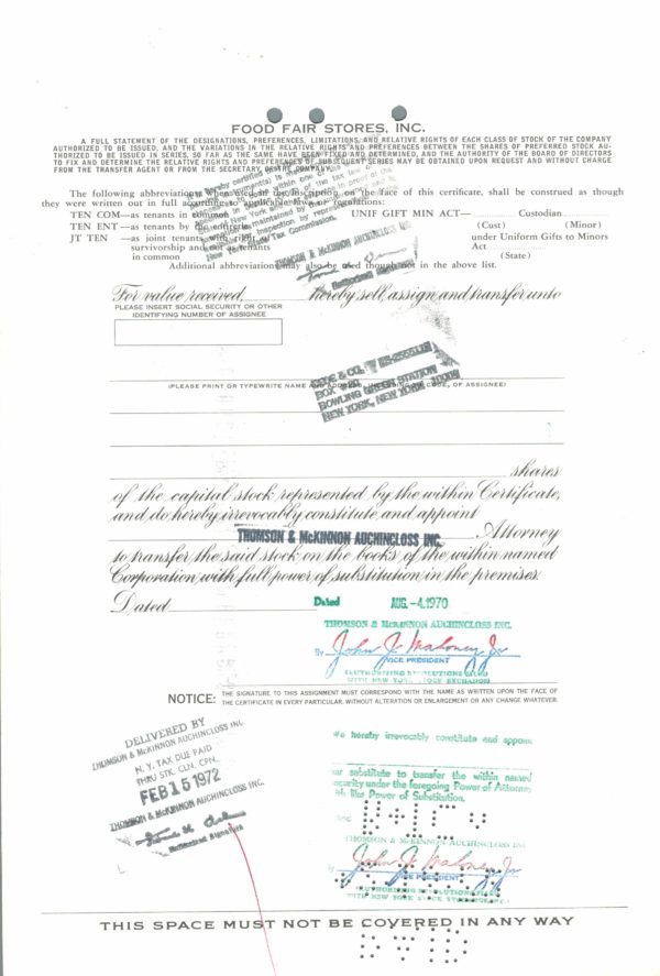 Food Fair Stores Inc Share Certificate 1970 – 100 Shares Food Fair Stores Inc Share Certificate 1970 – 100 Shares