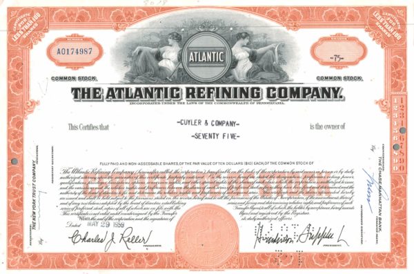 Atlantic Refining Company Share Certificate 1959 – 75 Shares Atlantic Refining Company Share Certificate 1959 – 75 Shares