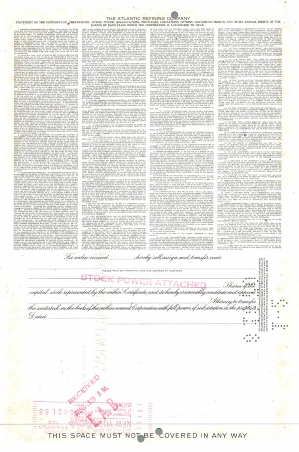Atlantic Refining Company Share Certificate 1959 – 75 Shares Atlantic Refining Company Share Certificate 1959 – 75 Shares