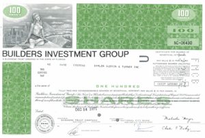 Builders Investment Group Share Certificate 1971 – 100 Shares