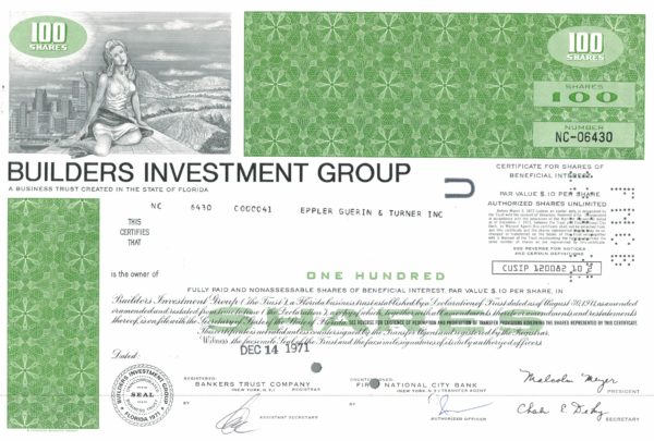Builders Investment Group Share Certificate 1971 – 100 Shares Builders Investment Group Share Certificate 1971 – 100 Shares