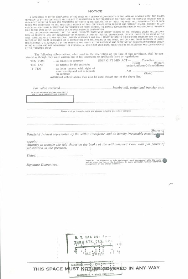 Builders Investment Group Share Certificate 1971 – 100 Shares Builders Investment Group Share Certificate 1971 – 100 Shares