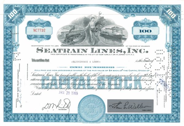 Seatrain Lines Inc Share Certificate 1960 – 100 Shares Seatrain Lines Inc Share Certificate 1960 – 100 Shares