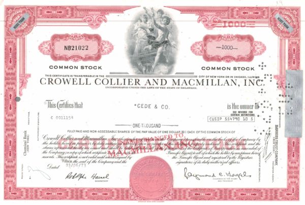 Crowell Collier and Macmillan Inc Share Certificate 1973 – 1000 Shares Crowell Collier and Macmillan Inc Share Certificate 1973 – 1000 Shares