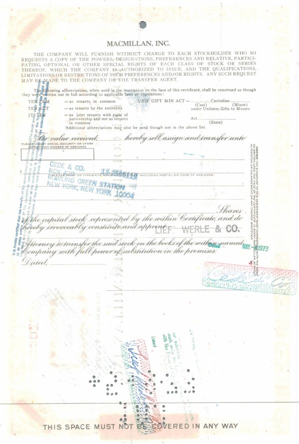 Crowell Collier and Macmillan Inc Share Certificate 1973 – 1000 Shares Crowell Collier and Macmillan Inc Share Certificate 1973 – 1000 Shares