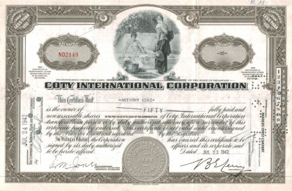 Coty International Corporation Share Certificate 1942 – 50 Shares Coty International Corporation Share Certificate 1942 – 50 Shares