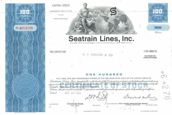Seatrain Lines Inc Share Certificate 1969 – 100 Shares Seatrain Lines Inc Share Certificate 1969 – 100 Shares