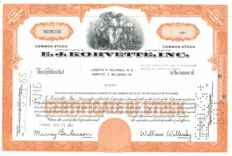 E.J. Korvette Inc Share Certificate, 1961 – 50 Shares