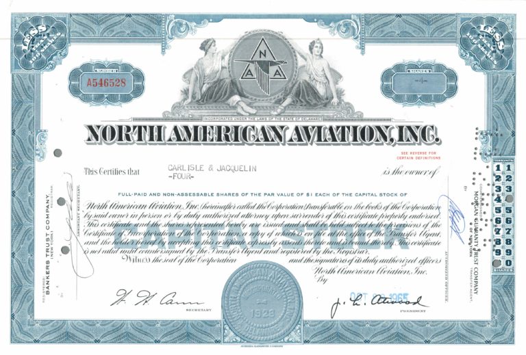 North American Aviation Share Certificate, 1965 – 4 Shares