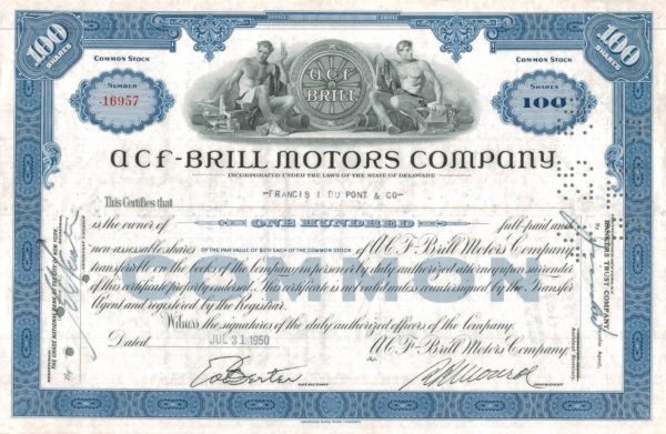 A.C.F.–Brill Motors Company Share Certificate, 1950