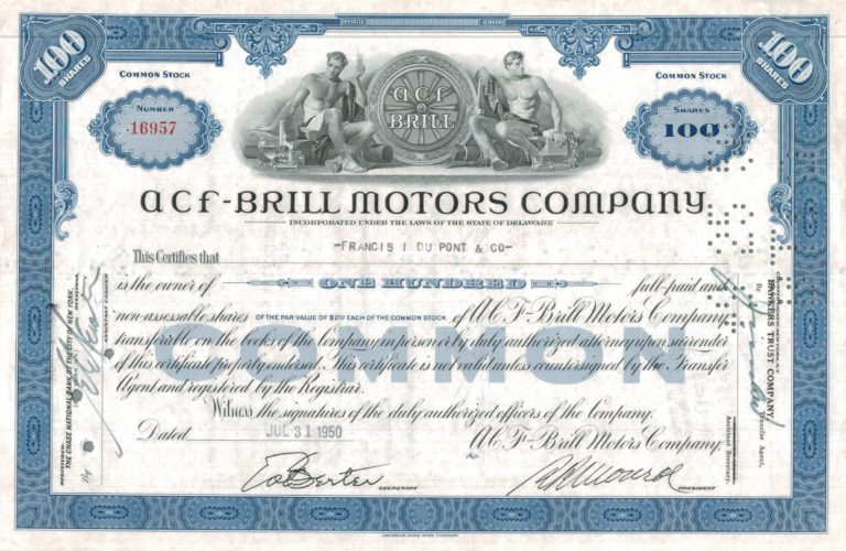 A.C.F.–Brill Motors Company Share Certificate, 1950
